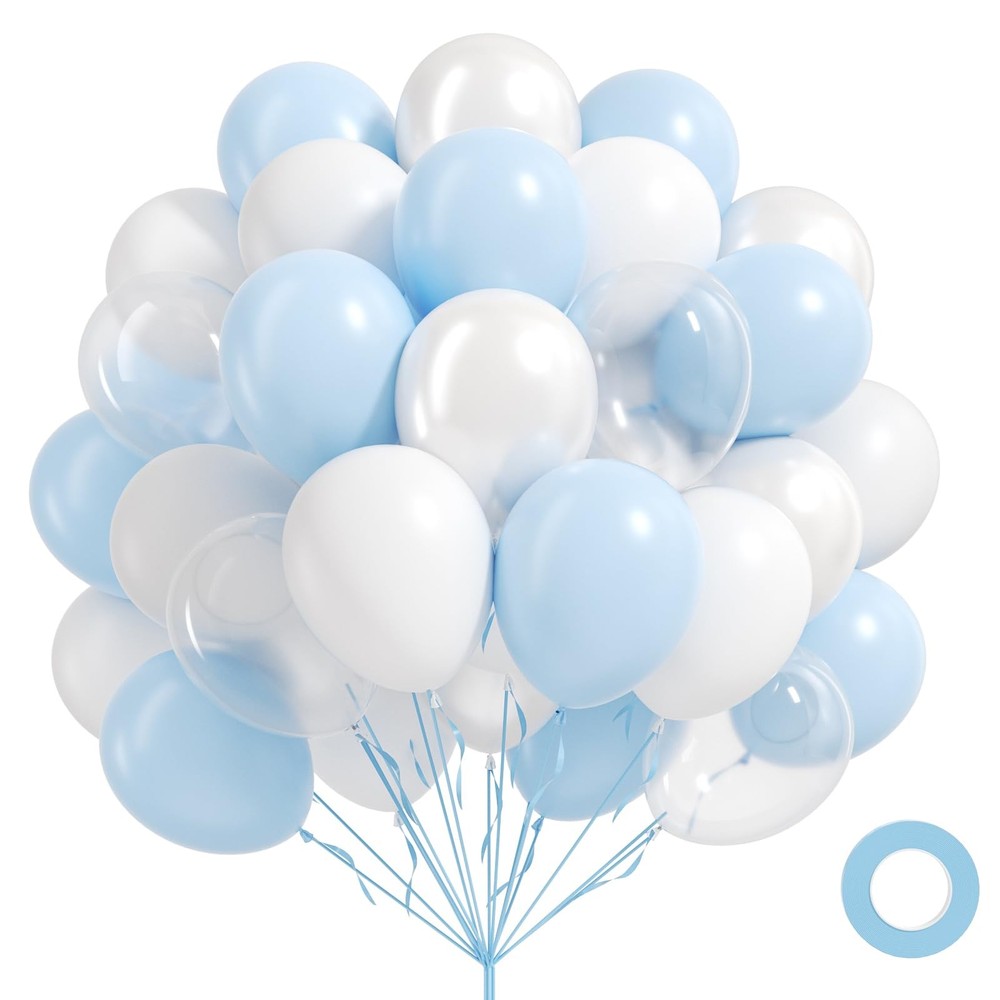 60pcs Blue and White Balloons 12 Inch Pearl White Light Blue Party Decorations