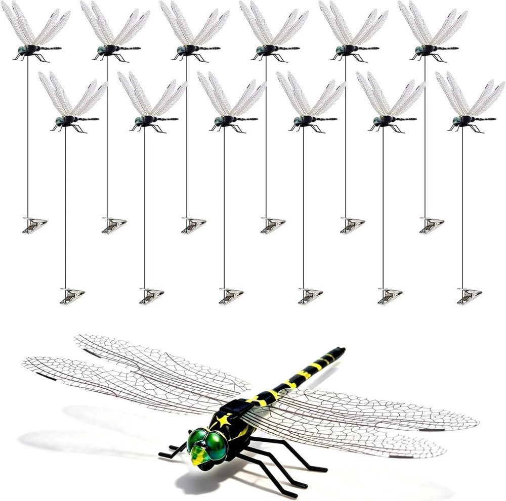 12 Pack 3D Dragonfly Clips, Fake Dragonflies with Stakes, Realistic Plastic Drag