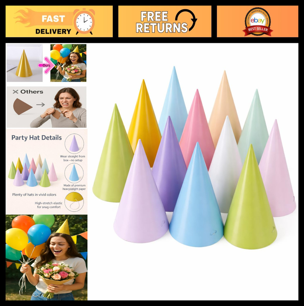 Colorful Pre-Assembled Pastel Party Hats for Kids & Adults – Birthday Celebratio
