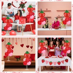Strawberry Party Balloon Stand Kit – 2 Sets with Red & Pink Dot Foil Balloons, S