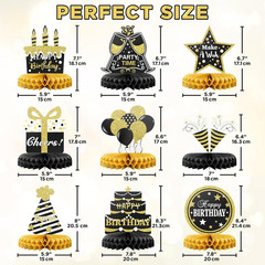 Happy Birthday Table Decoration Centerpieces – 9 Pieces, Black & Gold – Double-S