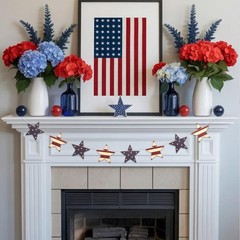 80″ Vintage Patriotic Star Garland – Rustic Red White Blue Wooden Banner for …