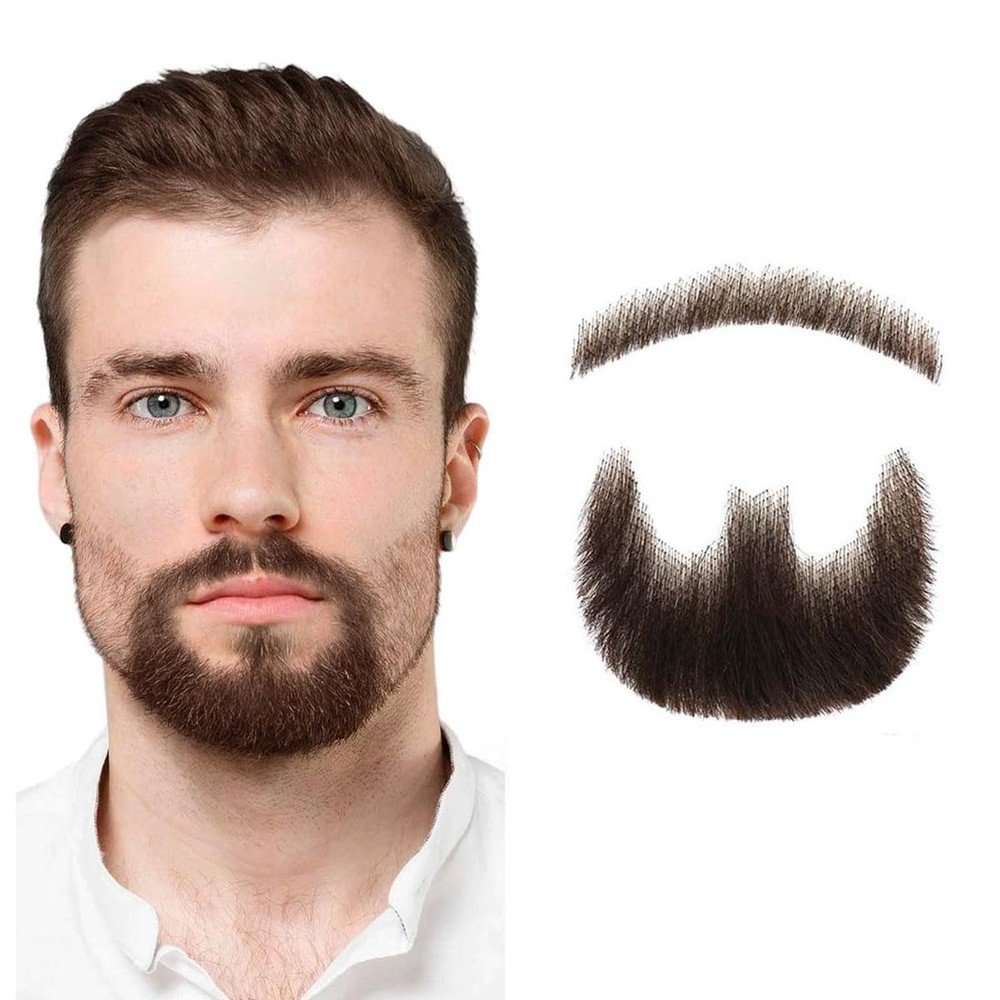 Human Hair Beard, Brown Fake Mustache, 100% Handmade Invisible Lace Based Fac…