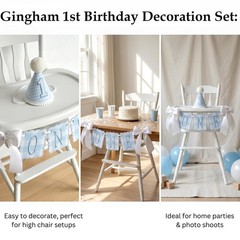 First Decorations for Boy Blue Gingham High Chair Banner & Party Hat for Year…