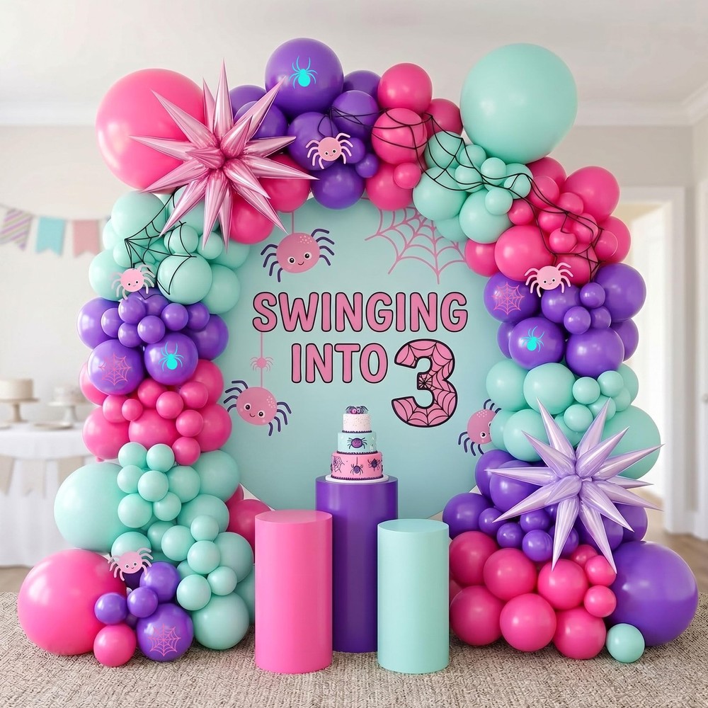 129Pcs Pink Spider Balloon Arch Kit, Rose Red Pastel Teal Blue Purple Balloon…