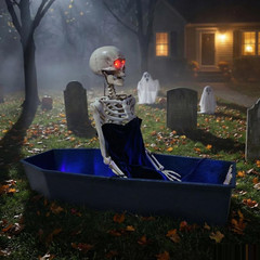 Animated Rising Skeleton in Coffin Halloween Decoration Light-Up Sound Activated