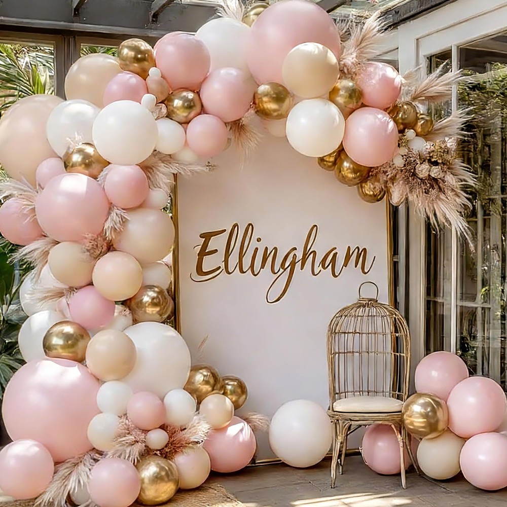 Pink Gold White Balloon Arch Kit – 144 PCs Pastel Light Pink and Beige Sand W…