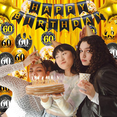 Black Gold 60Th Birthday Decorations Kit for Men & Women, Includes 32In Number 6
