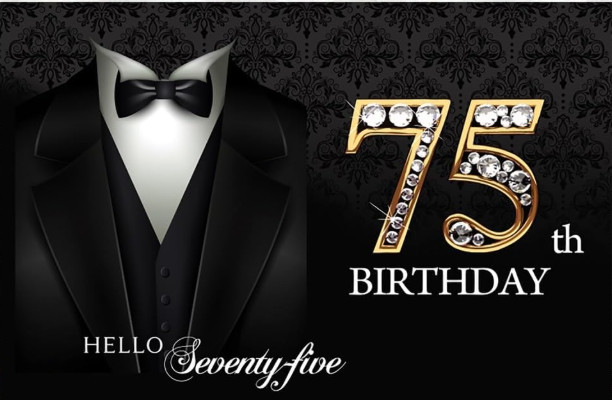 75th Bday Props Set of 6 Items. Banner, Backdrop, LED Lights, Sash 2 Sand Bags