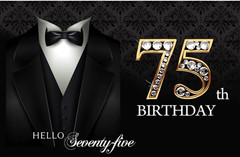 75th Bday Props Set of 6 Items. Banner, Backdrop, LED Lights, Sash 2 Sand Bags