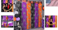 Halloween Tinsel Backdrop Curtains 3.3 X 6.6 Ft Orange Purple Black Streamers