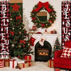 Red Christmas Front Door Porch Banner, Religious Nativity Scene Sign, Believe…