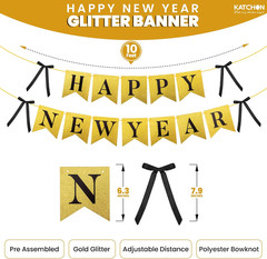 , Gold Happy New Year Banner – 10 Feet, Pre – Strung | Glitter Gold and Black wi