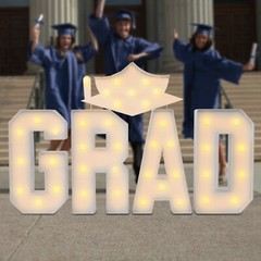 GRAD Graduation LED Lighted Letters with Cap Sign for Party Decor, Photo Props