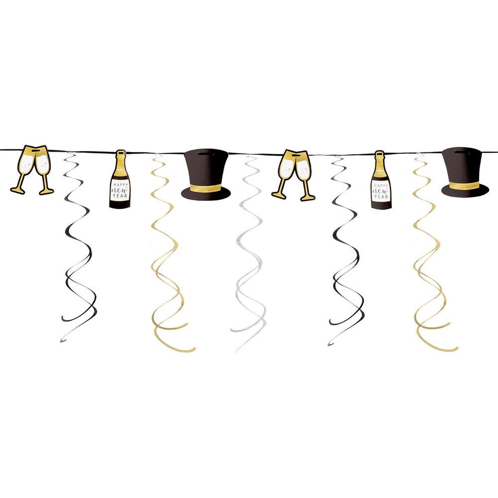 New Years Eve Garland Champage Top Hat Glasses Black Silver Gold Swirls