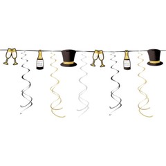 New Years Eve Garland Champage Top Hat Glasses Black Silver Gold Swirls