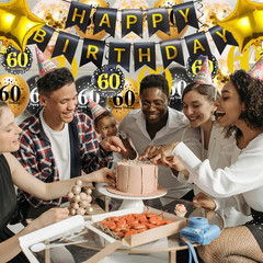 Black Gold 60Th Birthday Decorations Kit for Men & Women, Includes 32In Number 6