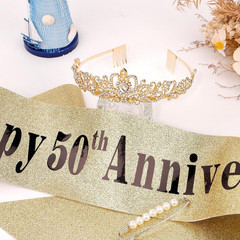 50Th Anniversary Decorations, Gold Crown and Happy 50Th Anniversary Sash Set, Ti