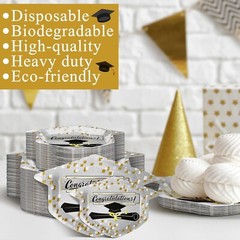 60 Piece Disposable Graduation Party (2 sizes) Plates – Black, Gold, and White