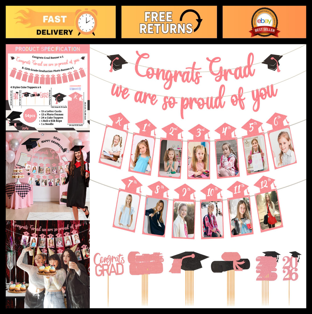 Glitter Pink Graduation Photo Banner 2026 – Congrats Grad Party Decor, K-12 Back