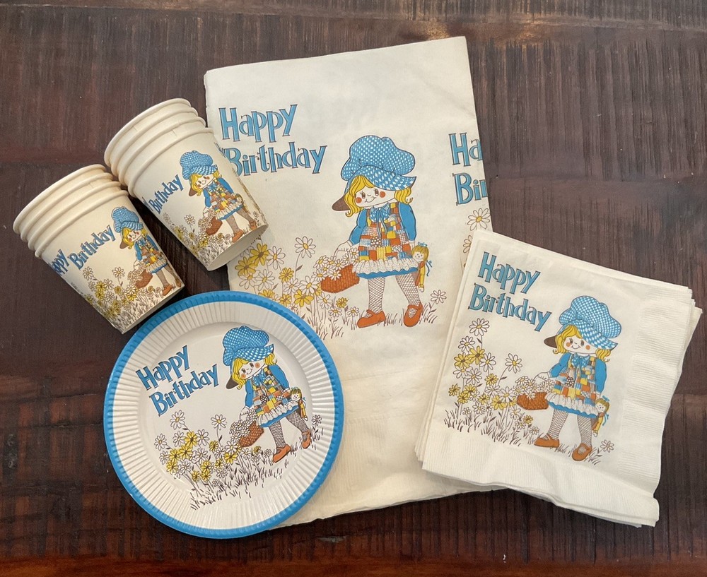 NOS Vintage 1970s Birthday Plate Cup Patchwork Girl Ragdoll Bonnet Daisy Prairie