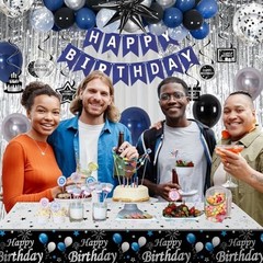 Blue & Black Birthday Party Decorations – Balloons, Banner, Tablecover, Fringe C
