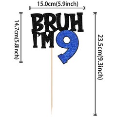1 PCS Bruh I’m 9 Cake Topper Glitter Happy 9th Birthday Pick Blue Supplies