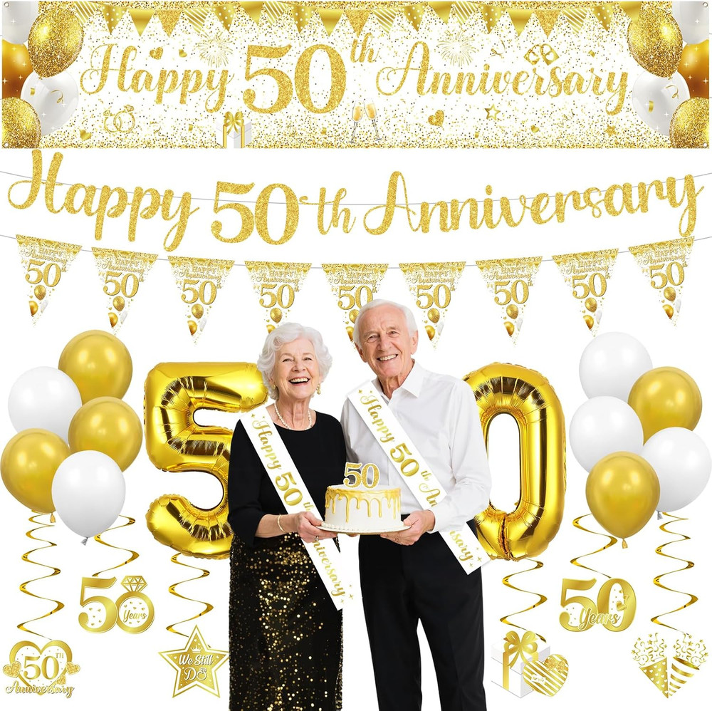50Th Wedding Anniversary Decorations, White Gold Happy 50Th Anniversary Banner H