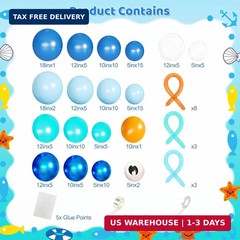 Under the Sea Balloon Arch Kit 130Pcs Dark Blue Metallic Blue Orange Long Balloo