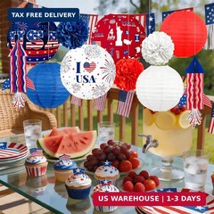 4th of July Decorations Red White Blue Paper Lanterns Flower Tissue Pom Poms Fan
