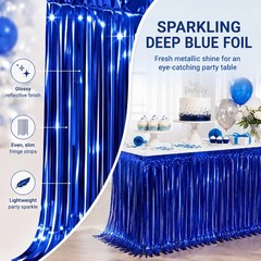 4-Pack Blue Foil Fringe Table Skirt, Disposable Metallic Tinsel Streamers, Photo