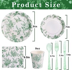 Green Floral Disposable Party Tableware Set (Plates, Cups, Napkins, Utensils)