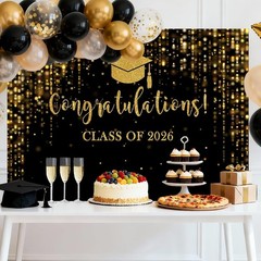 Elegant 2026 Graduation Backdrop – Black Gold Glitter Bokeh, 7x5ft Perfect fo…