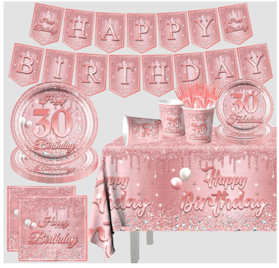 142pcs 30th Birthday Rose Gold Supplies Glitter Pink Rose Gold Tableware Include