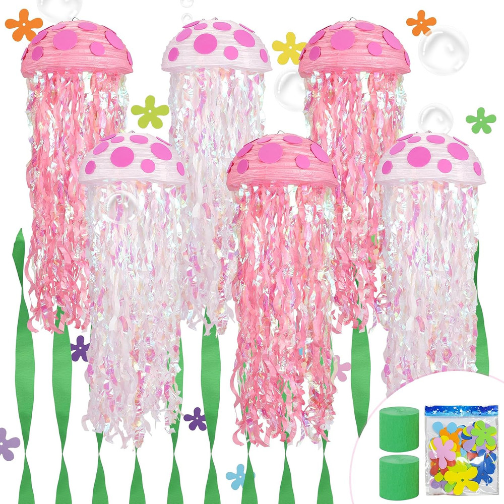 110 Pcs Cartoon Sponge Party Decorations,6 Pack Pink Hanging Jellyfish Paper Lan