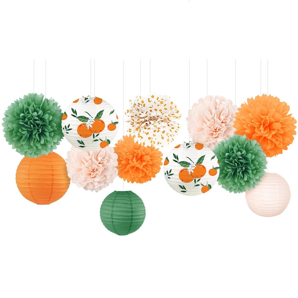 12 PCS Little Cutie Baby Shower Decorations Orange Green Paper Pom Poms