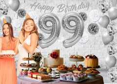 Silver & White 99th Birthday Decorations – 40″ Number Balloons &More-Boy or Girl