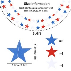 8 Pack Patriotic Star Streamers Banner Garland Red White Blue Paper Star Hanging