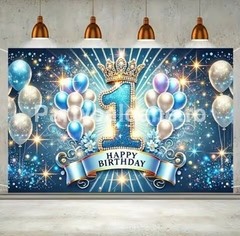 Blue 1st Birthday Backdrop Prince King Crown Balloons Photo Background Decor 5×3