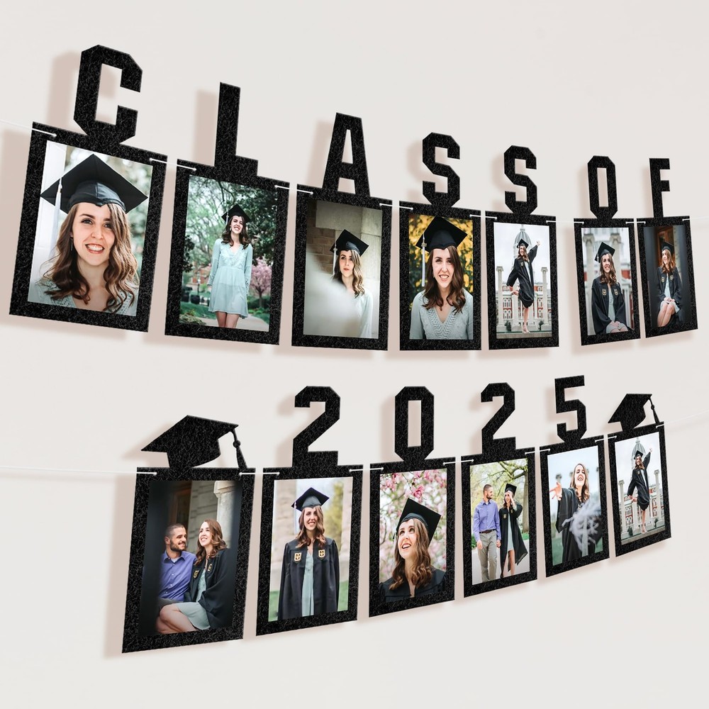 Black Graduation Photo Banner 2025 – Large, 10 Feet | Felt Class of 2025 Banner