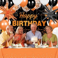 62pcs Orange Birthday Decorations Orange Black Happy Birthday Banner Backdrop…
