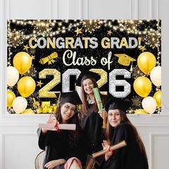 Graduation Decoration 2026 Hanging Banner Black Gold High School College