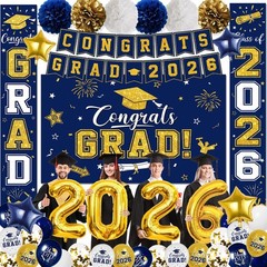 Navy Blue & Gold Graduation Decorations 2026 – Congrats Grad Backdrop, Banner, B