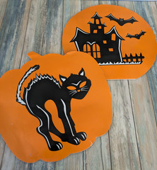 Vintage Style Foil Halloween Wall Decorations Black Cat Haunted House Set of 2