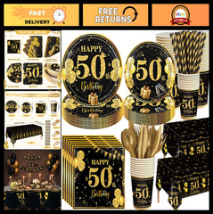 50th Birthday Party Supplies Set – 452 Pcs Black Gold Decor for 50 Guests, Plate