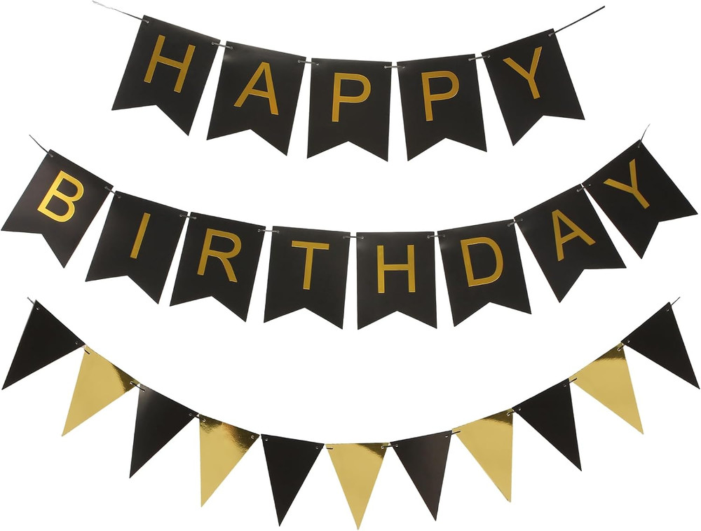 Black and Gold Striped Banner with Triangular Flag Set | Birthday Party Decorati