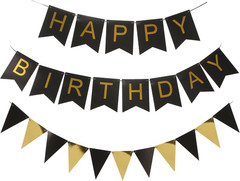 Black and Gold Striped Banner with Triangular Flag Set | Birthday Party Decorati