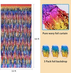 3 Pack Colorful Foil Fringe Curtain Backdrop – 6.6 x 3.3 ft Wavy Rainbow Tins…