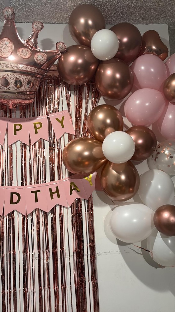 Rose Gold Birthday Decorations White Pink Balloons Banner Fringe Curtain Women