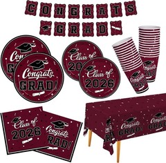 Disposable Maroon Graduation Tableware Set – Plates, Napkins, and Banners for 25